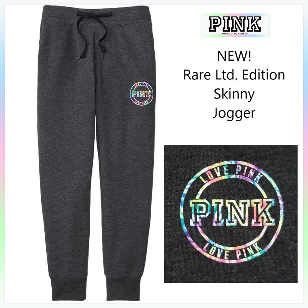 NEW VS PINK Rare LTD Edition Gray Skinny Jogger Lounge Sweatpant Rainbow Logo S